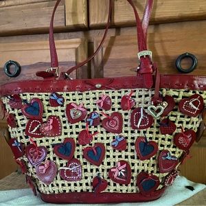 Vintage BRIGHTON LINDA Straw & Red Leather Hearts ❤️ and Bows Tote Bag RETIRED